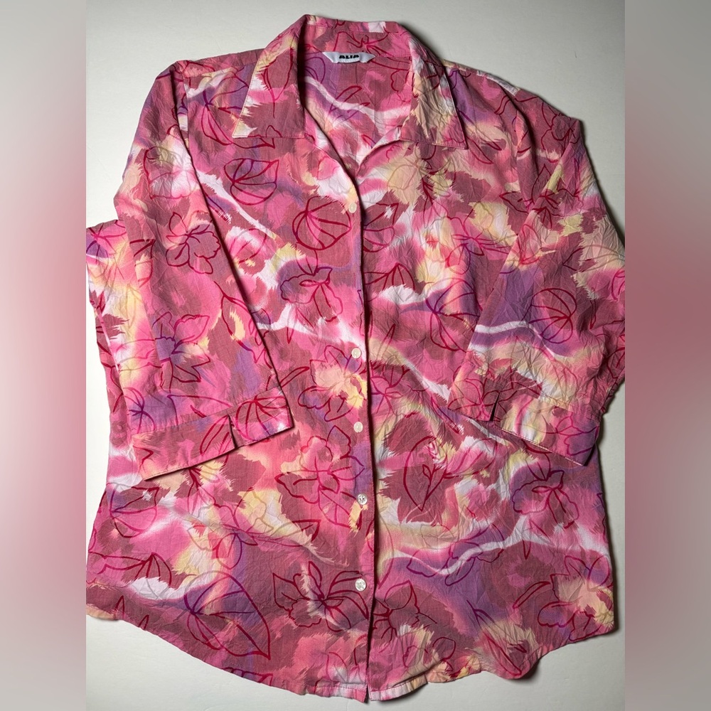 Alia Pink Tropical Floral Button Front Blouse women’s XL crinkle lightweight top